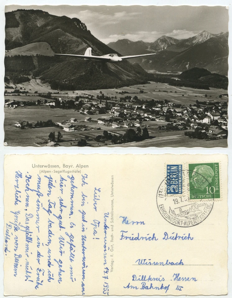 43883 - Segelflugzeug über Unterwössen - Echtfoto - AK, Sonderstempel 19.7.1955 - Bild 1 von 1