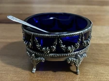 Antique Salt Cellar German Sterling Silver Footed Blue Cobalt Glass With Spoon