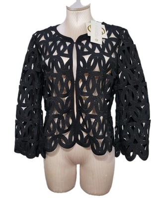 New Etcetera Black Embroidered Loop Unlined Jacket Open Work Cut Out Medium