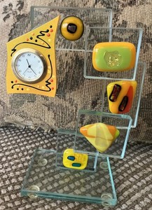 LUCITE FUSED GLASS CLOCK ART YELLOW ORANGE