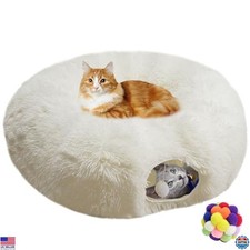 Fluffy White Plush Cat Tunnel Tube Bed, Soft Collapsible for Kittens  Pets