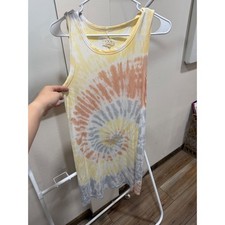Beachy coastal Tank Dress Yellow Tie Dye Scoop Neck Thread & Supply small