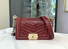 Auth Chanel Boy Mini Burgundy Studded Stitch Leather Chain Shoulder Bag