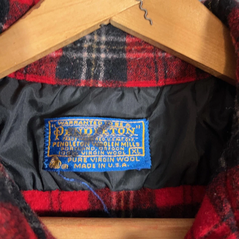 Vintage Pendleton Wool Shirt Jacket Mens SHRUNK XL Red Black Plaid USA 70s - Image 2 of 4