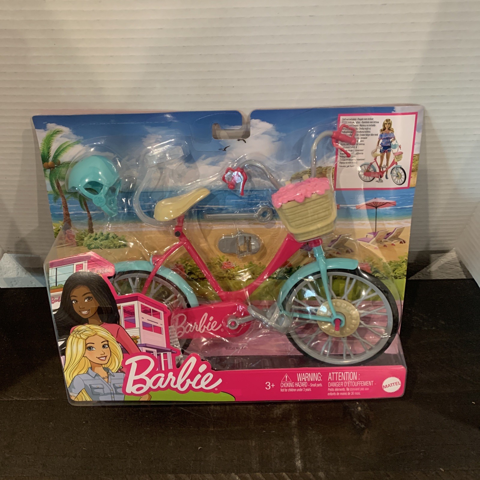 Barbie Bicycle Pink Bike w/ Helmet Kids Toy Baby Blue Trim 2018 Doll Accessory