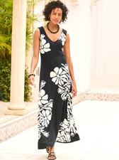 TALBOTS Jersey V-Neck Maxi Dress - Abstract Floral, BLACK/IVORY (NEW)