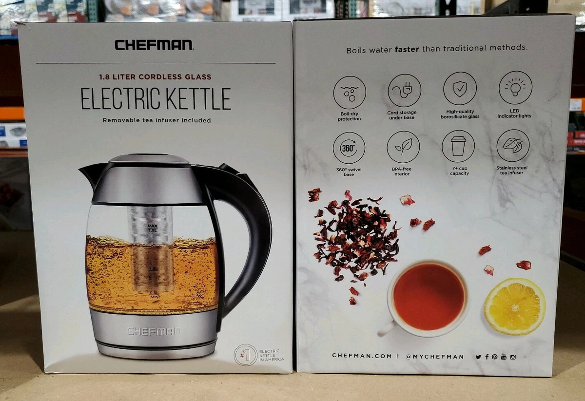 Chefman Fast Boiling 1.8L Electric Glass Kettle, Removable Tea