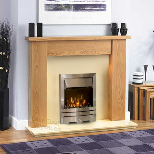 ELECTRIC SOLID OAK SURROUND CREAM MARBLE SILVER FLAME FIRE FIREPLACE SUITE 54" - Picture 1 of 2