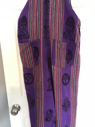 Vintage 90s Overalls Buddah Print Rainbow Stripes Purple Rave Hippie Festival - Picture 6 of 6