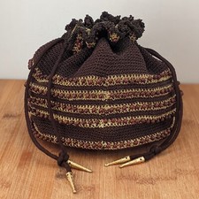 Vintage Crochet Beaded Cinch Purse Bag Lucite Bottom Boho Hippie