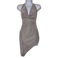 FASHION NOVA Metallic Silver Halter Neck Asymmetrical Hem Mini Cocktail Dress S