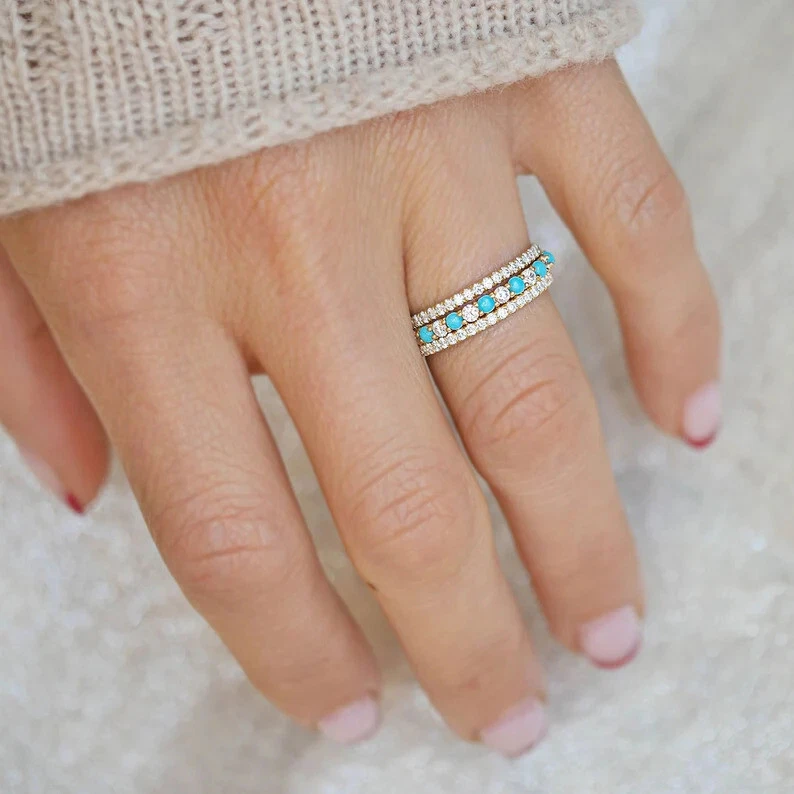 Anel de noivado folheado a ouro amarelo 14K corte redondo turquesa e diamante 2,50 CT - Imagem 2 de 4