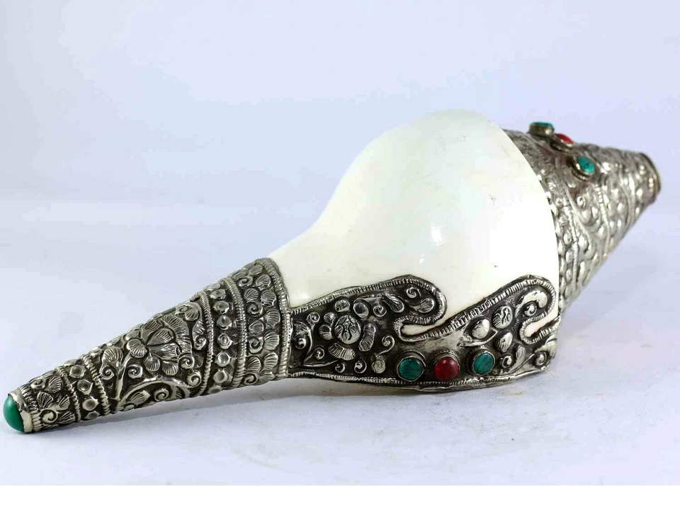 Trompeta ritual turquesa budista 10" plata tibetana soplando caracola blanca Foto 2 de 3