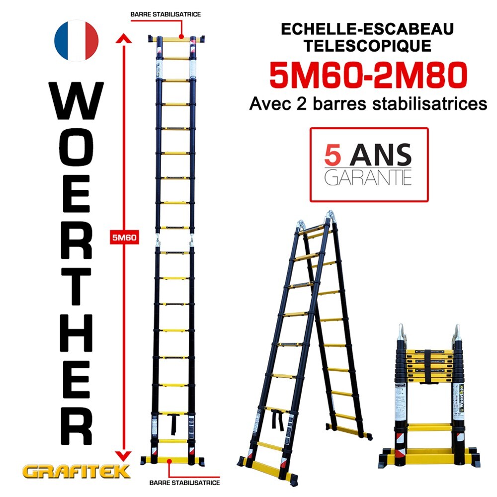 Échelle escabeau télescopique Woerther 5m60 en alu brossé avec garantie longue durée 5 ans