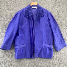 Chicos Blazer Women 2 US Large Purple Linen Blend Embellished Jacket 3/4 Sleeve