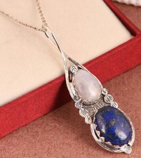 Moonstone And Lapis Lazuli Gemstone Sterling Silver Necklace Pendant Jewelry