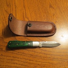 Damascus folding blade knife with green wood handle & leather sheath hand made