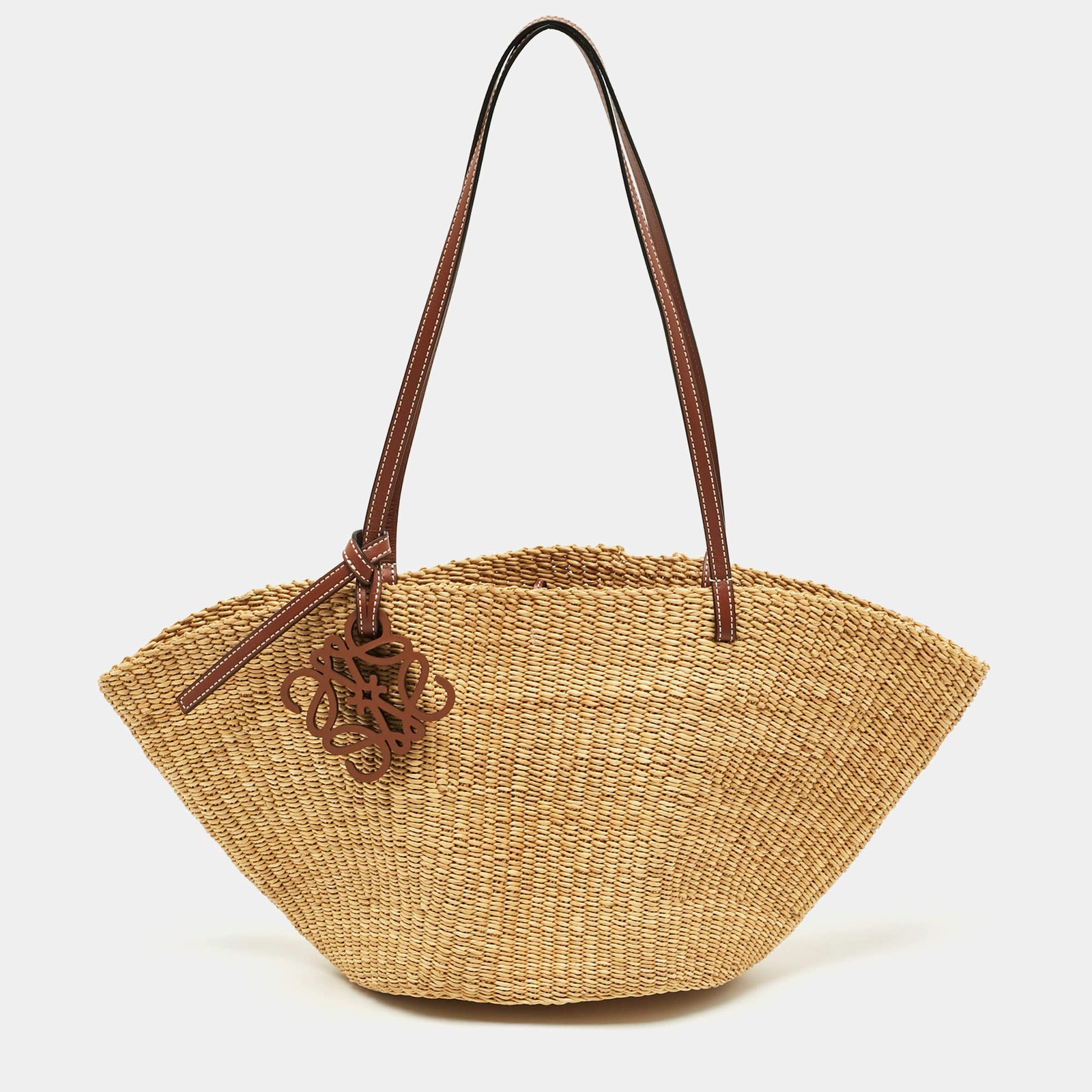Loewe Anagram Charm BrownBeige Leather and Woven Raffia Bag