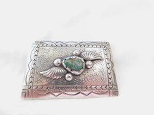 Richard Henry Yazzie Sterling Silver Green Turquoise Belt Buckle Signed BB143