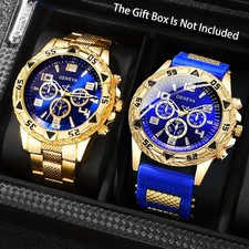 "2pcs Men's Quartz Watch Set Stainless Steel Casual Business Silicone Wristwatch