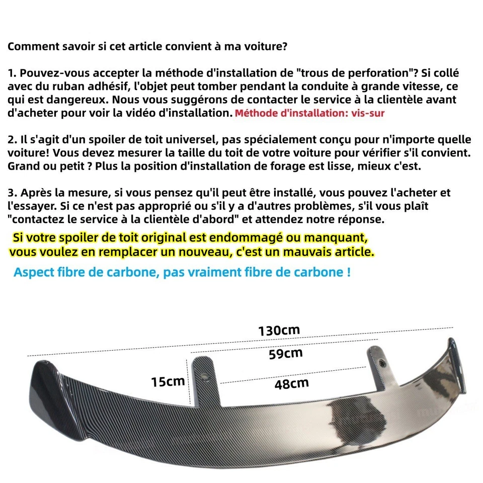 Becquet de toit universel Pour Hatchback Spoiler Aileron style de fibre carbone - Photo 2/4
