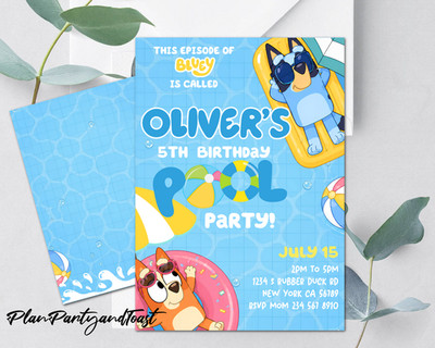 Bluey birthday invitation Pool Party 5x7 digital invitation ready in 24 hours!
