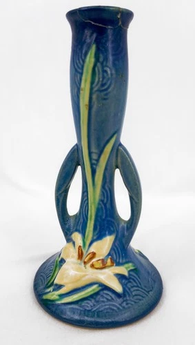 VTG Roseville Blue Pottery Vase Lily Design – Antique – REPAIRED– Displays Well