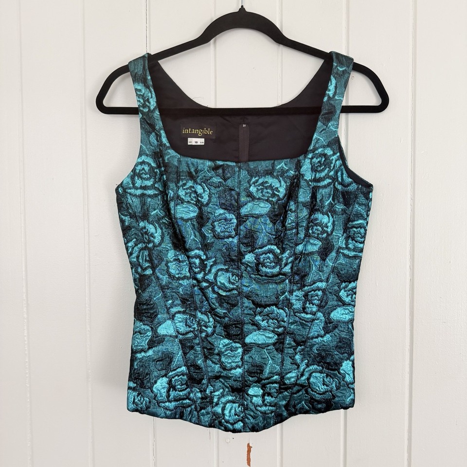 Vintage 90s Y2K Intangible Metallic Zip Teal Floral Corset Top 8-10 Square Neck