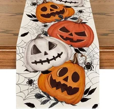 Pumpkins Spider Web Halloween Table Runner, Seasonal Fall Kitchen Dining Table D