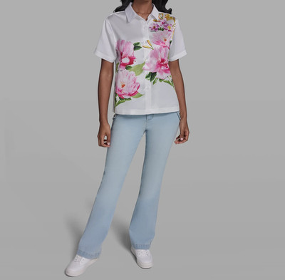 KARL LAGERFELD POPELINE WEICHE WEISSE GEBLÜMTE SATINBLUSE (REF R)