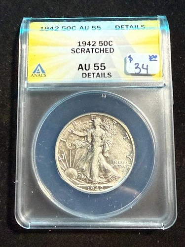 1942 WALKING LIBERTY HALF DOLLAR ANACS AU 55 DETAILS SCRATCHED
