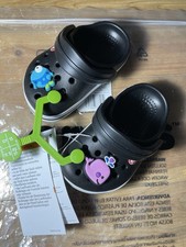 Image of New Black Crocs classic clogs toddler baby size UK 4/ EU 19-20 With Charms