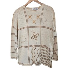 Vintage Beaded Knit Sweater Women XL 90s Tan Cottage Pullover Preppy Grandmacore