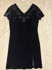 vtg 90s Whimsigoth Fairy Evening Black Velvet Beaded Flapper Dress 12 V Neck