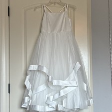 David's Bridal Girls' White Satin Formal Dress 12-14 Ribbon Detail Flower Girl