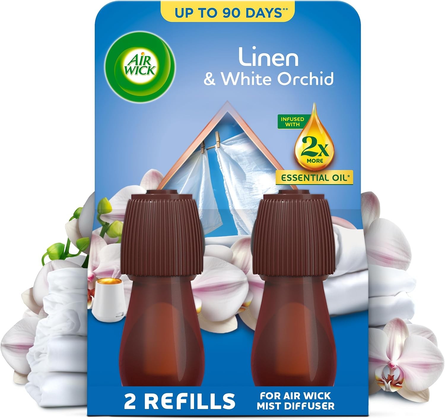 Air Wick Essential Mist Twin Refills, 2 x 20ml | Essential mist air freshener refills with essential oils of linen & white orchid; up to 45 days of scent each - Image 3