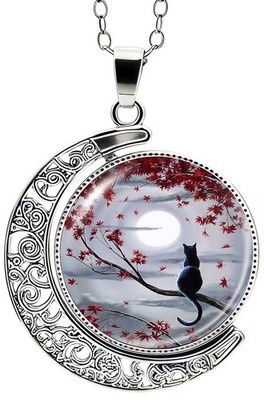 Black Cat Moon Fidget Necklace Silver Pendant 20 Inch Chain Gift Jewelry