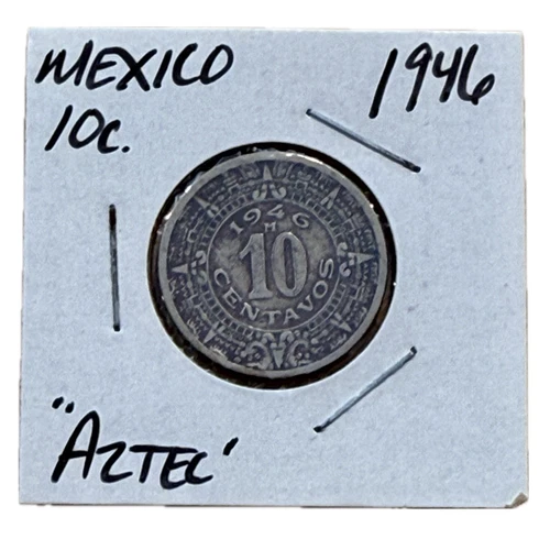 1946 Mexico 10 Centavos Coin | Sun stone | Aztec | Golden Eagle Excellent Detail