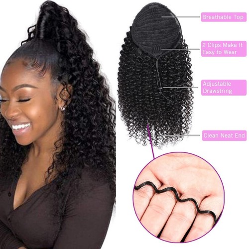 Curly Human Hair Ponytail with Wrap Drawstring 3C Brazilian Hair Weave Natural - Picture 5 of 7