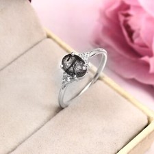 Black Rutile Quartz Ring 925 Sterling Silver Handmade Engagement Rings For Women