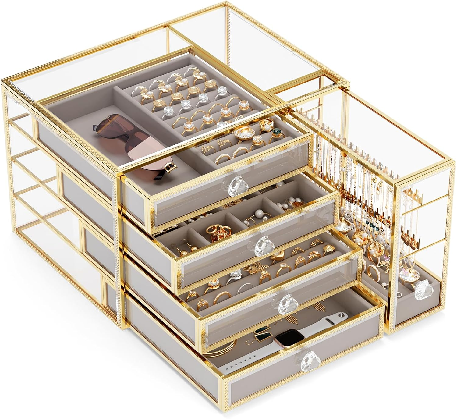 Tempered Glass Jewelry Box with 5 Drawers for Large Organizers and Storage-image