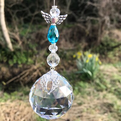 Neu Glas Kristall Kugel Schutzengel Flügel Sonnenfänger Mobile ~ blau Denkmal