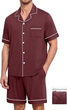 Men's Soft Modal Pajama Set Short Sleeve Button Down Sleepwear W/Pockets S-3XL