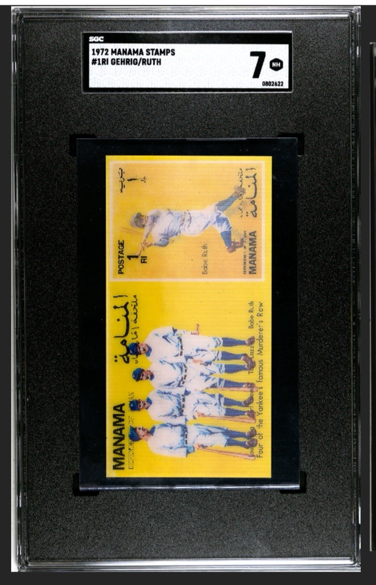 1972 Manama Stamps LOU GEHRIG/BABE RUTH #1RI SGC 7 NM Yankees