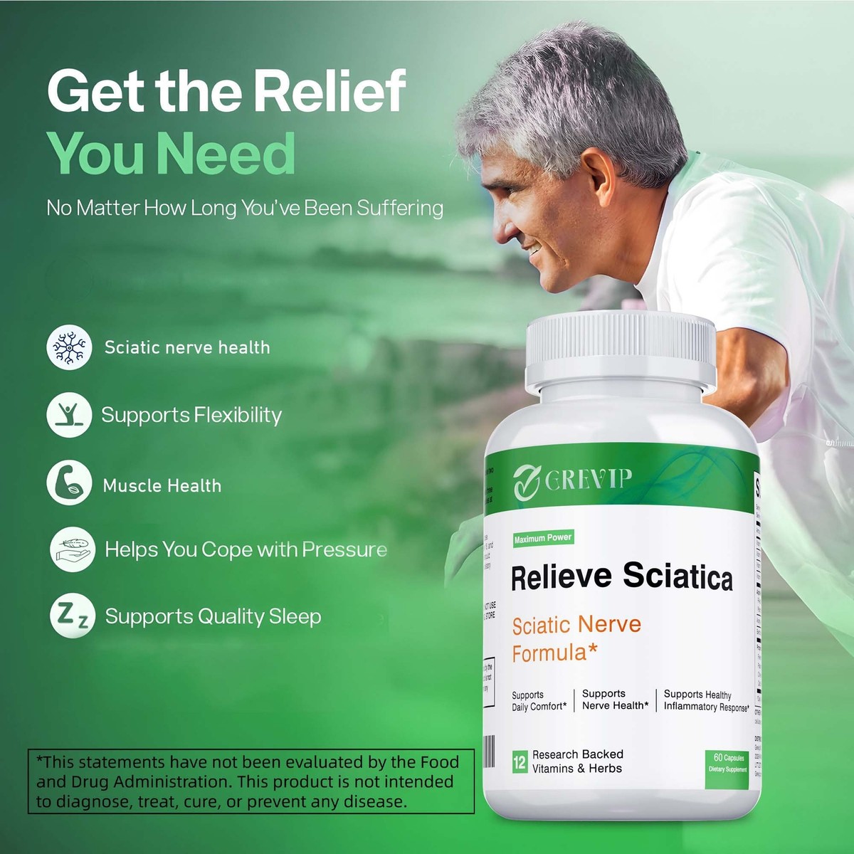 Grevip Sciatica Nerve Support Complex - 120 Capsules With R-ALA,  Benfotiamine, Acetyl-L-Carnitine