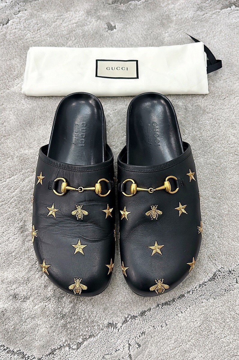 Authentic Gucci River Bee Stars Black Mens Leather Slipper 
