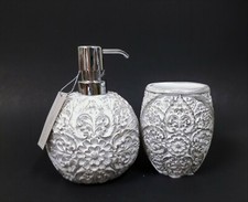 2 PC RAYMOND WAITES ANTIQUE WHITE CARVED SPHERE RESIN SOAP DISPENSER,TUMBLE