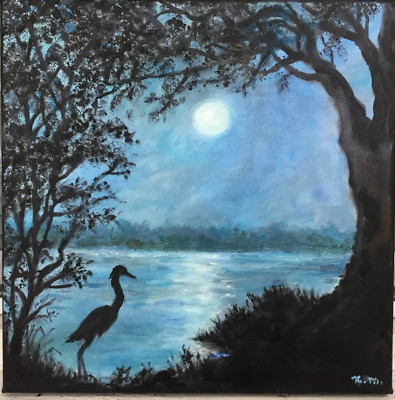 HERON AND THE MOON - oil painting on stretched canvas by K. McDermott
