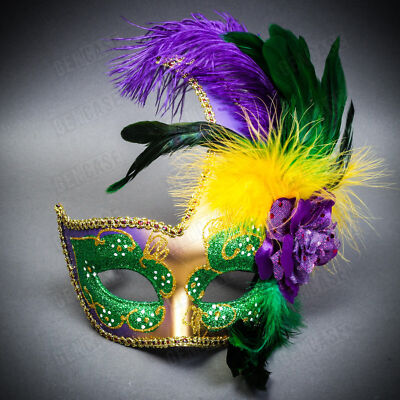 Venetian MardiGras Green Glitter Masquerade Side Feather Women Face Mask Gold