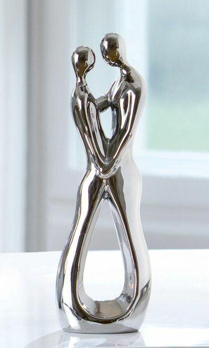 Skulptur Paar Liebespaar Figur Menschen Silber / Chrom Statue